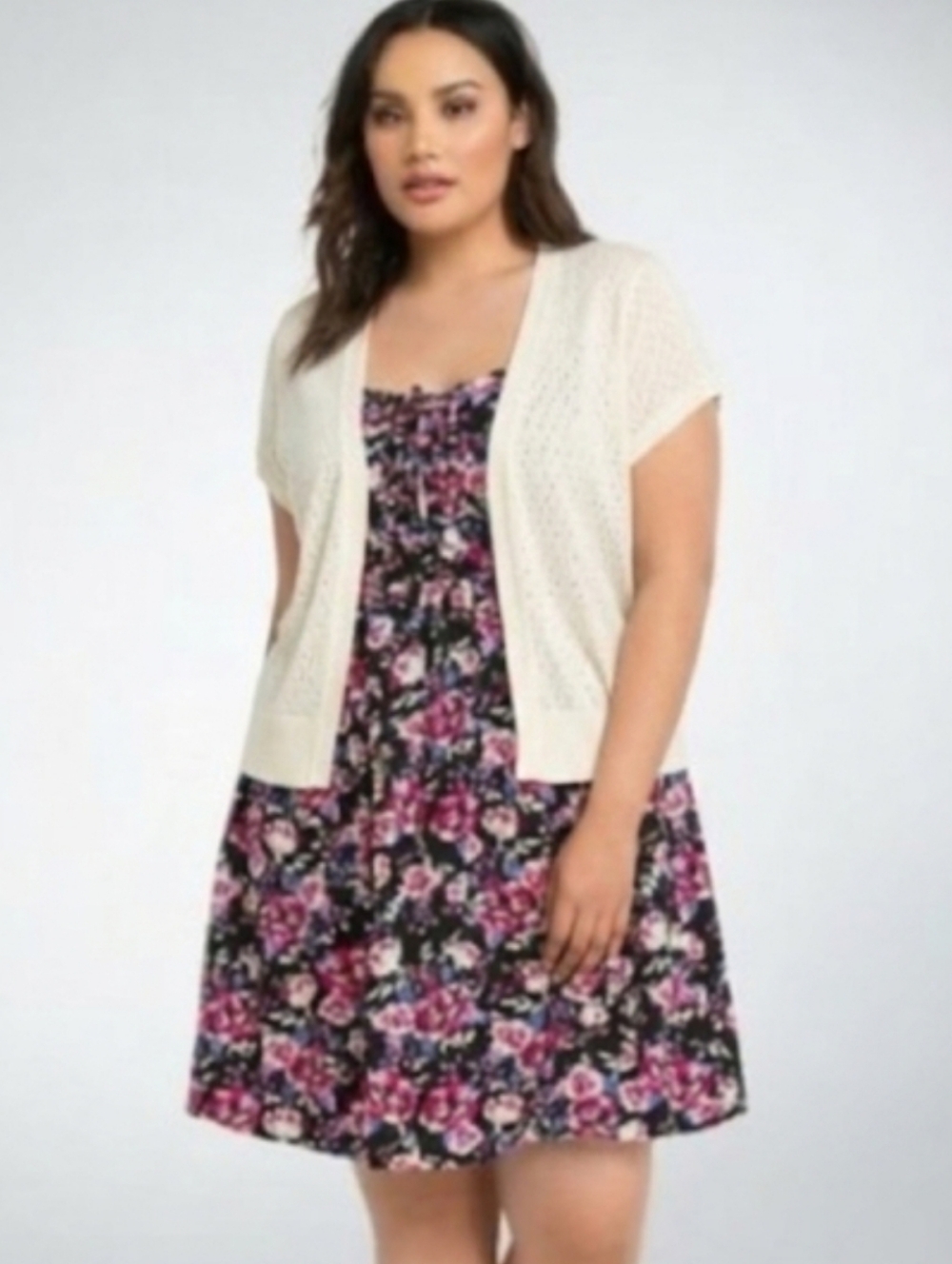Torrid Pink Black Smocked  Floral Lace Up Front Mini Challis  Dress